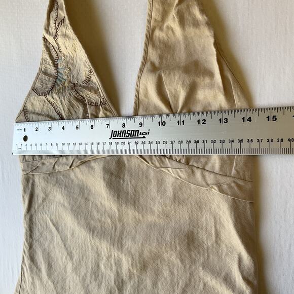 Gadzooks Women Dress M Beige Linen Floral Embroidery Halter A-Line Knee Length - Picture 4 of 11